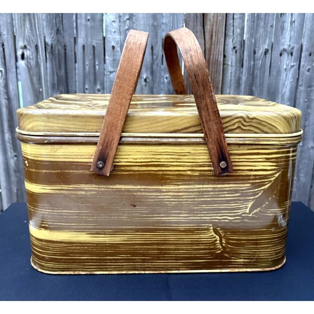 Vintage tin litho wood grain picnic basket hinged lid box wood handles retro